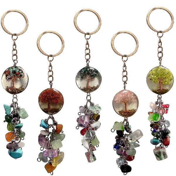 Acrylic Tree of Life Multicolored Chip Stone Dangle Keychain