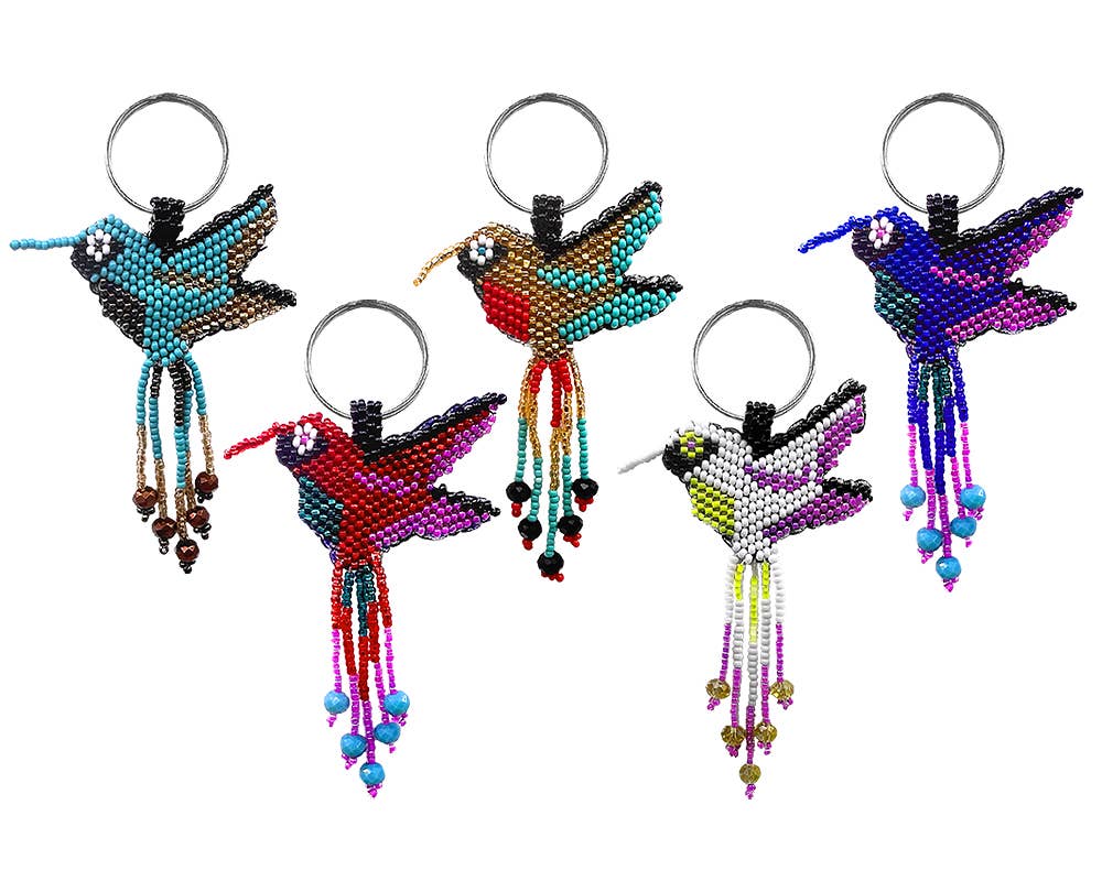 Beaded Hummingbird Seed Bead Fringe Dangle Leather Keychain