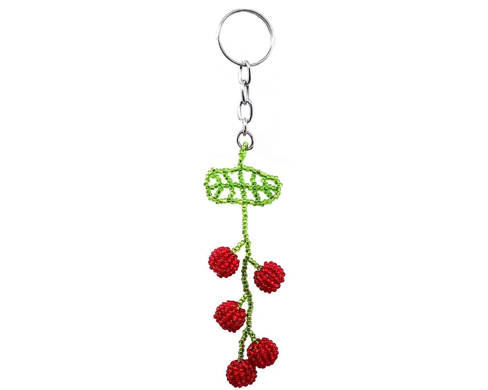 Beaded Red Cherries Seed Bead Figurine Keychain