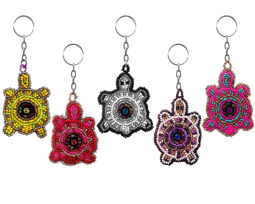 Beaded Sea Turtle Seed Bead Flat Leather Keychain
