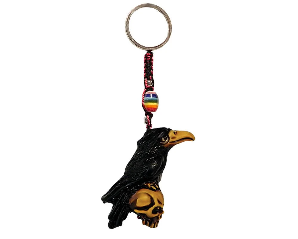 Black Crow Bird on Skull Durepox Resin Figurine Keychain